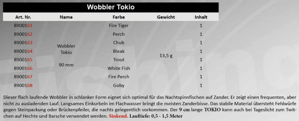 FTM Wobbler Tokio 9cm 13,5g  sinkend bis 1,5m Lauftiefe